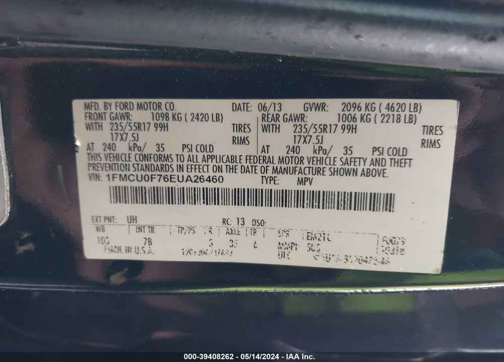 2014 FORD ESCAPE S VIN: 1FMCU0F76EUA26460