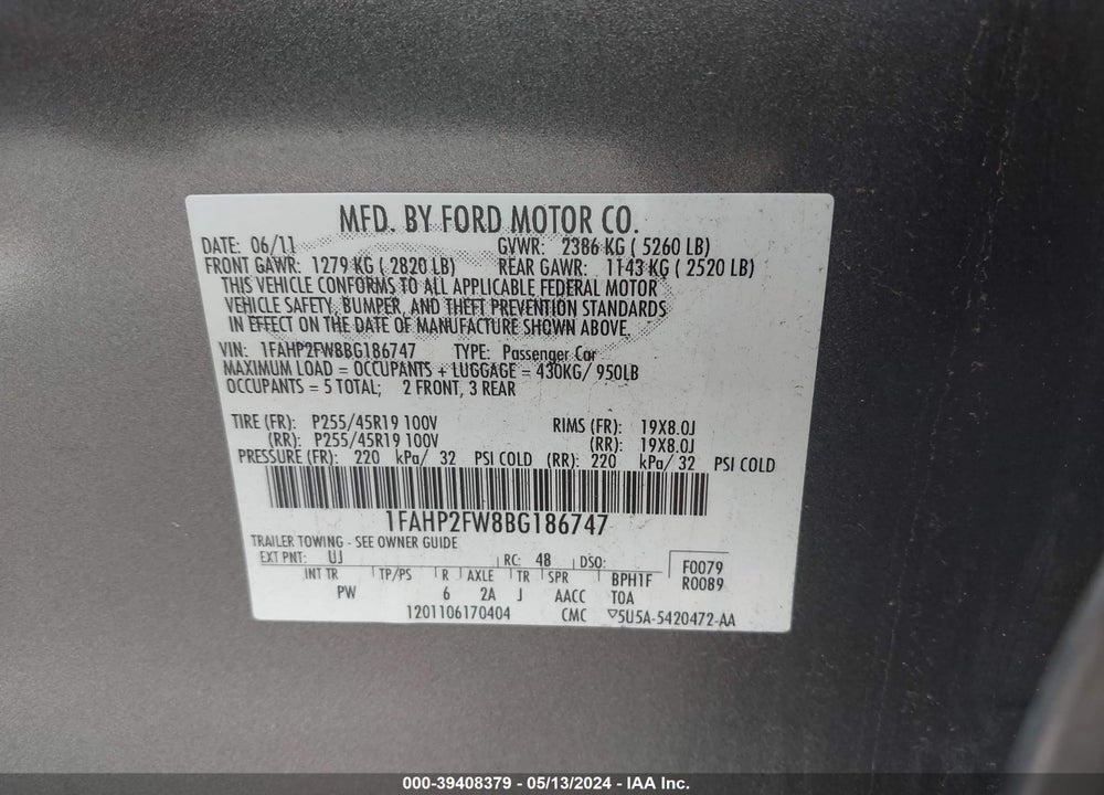 2011 FORD TAURUS LIMITED VIN: 1FAHP2FW8BG186747
