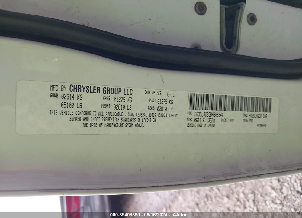 2011 DODGE CHARGER VIN: 2B3CL3CG5BH608840