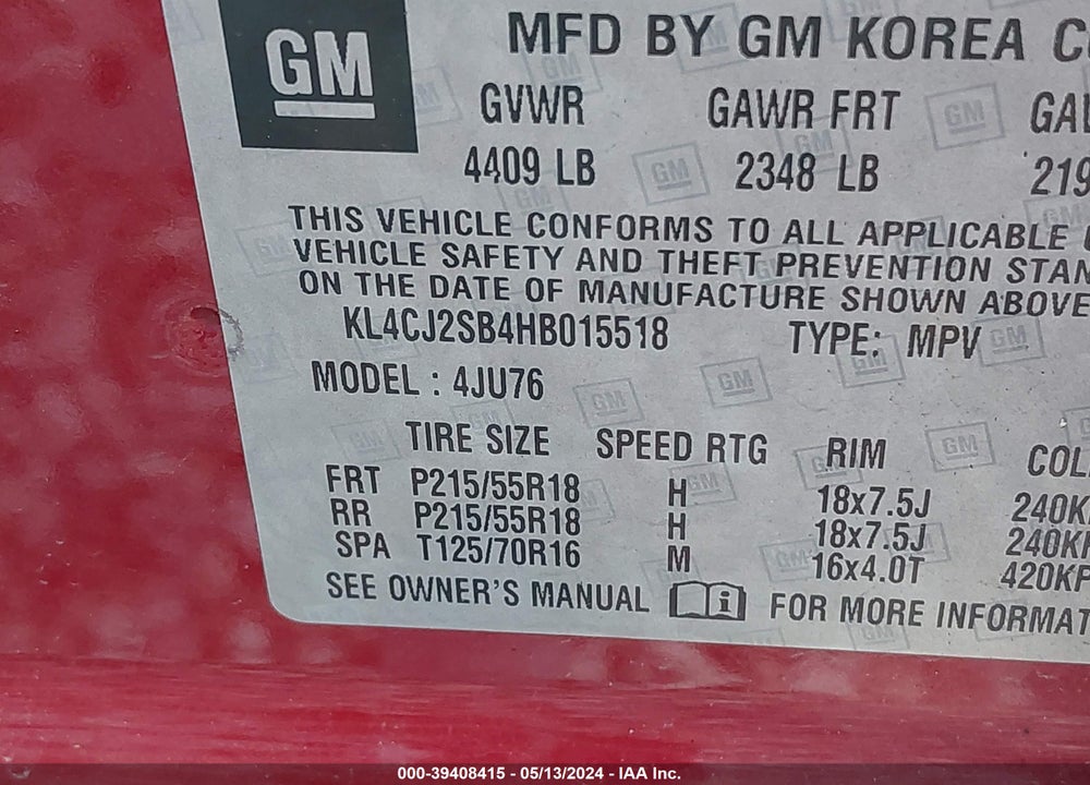 2017 BUICK ENCORE SPORT TOURING VIN: KL4CJ2SB4HB015518
