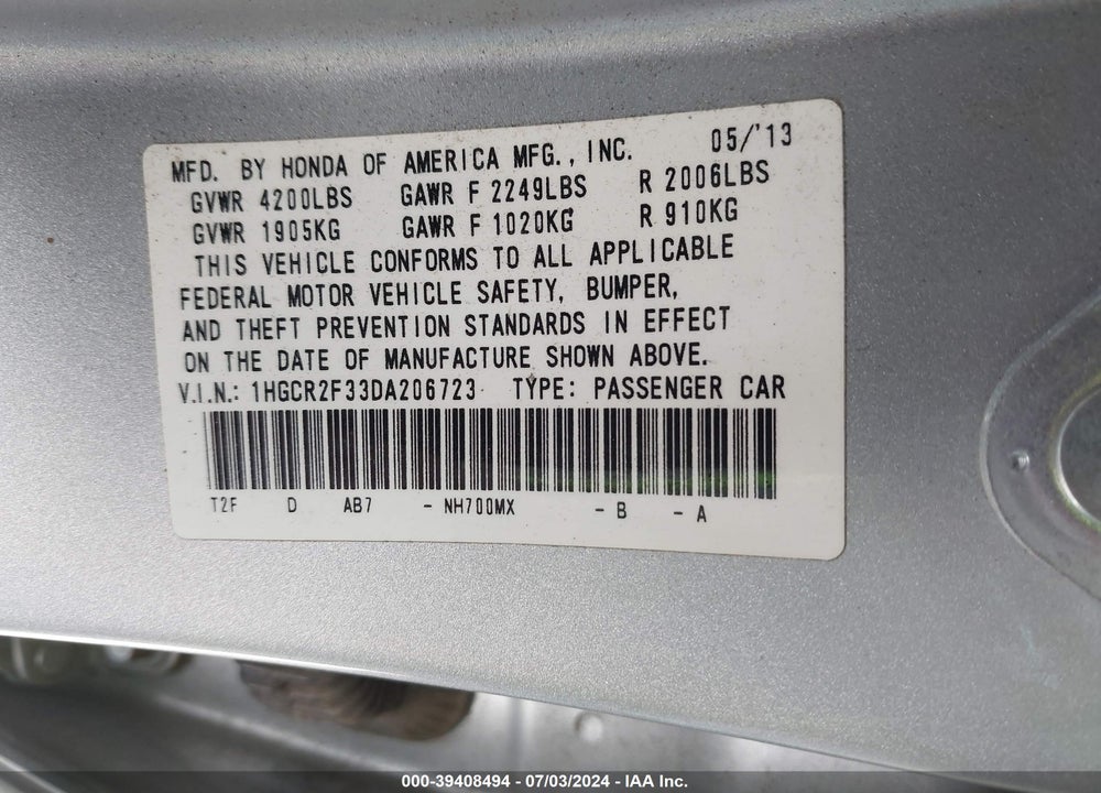 2013 HONDA ACCORD LX VIN: 1HGCR2F33DA206723