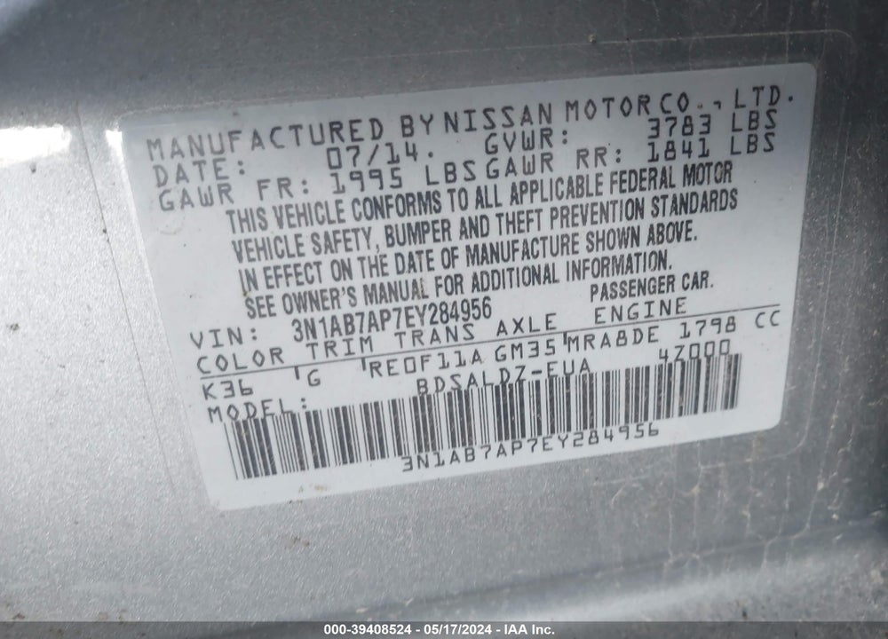 2014 NISSAN SENTRA SV VIN: 3N1AB7AP7EY284956
