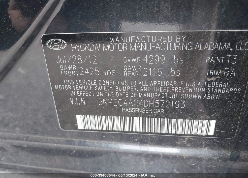 2013 HYUNDAI SONATA LIMITED VIN: 5NPEC4AC4DH572193