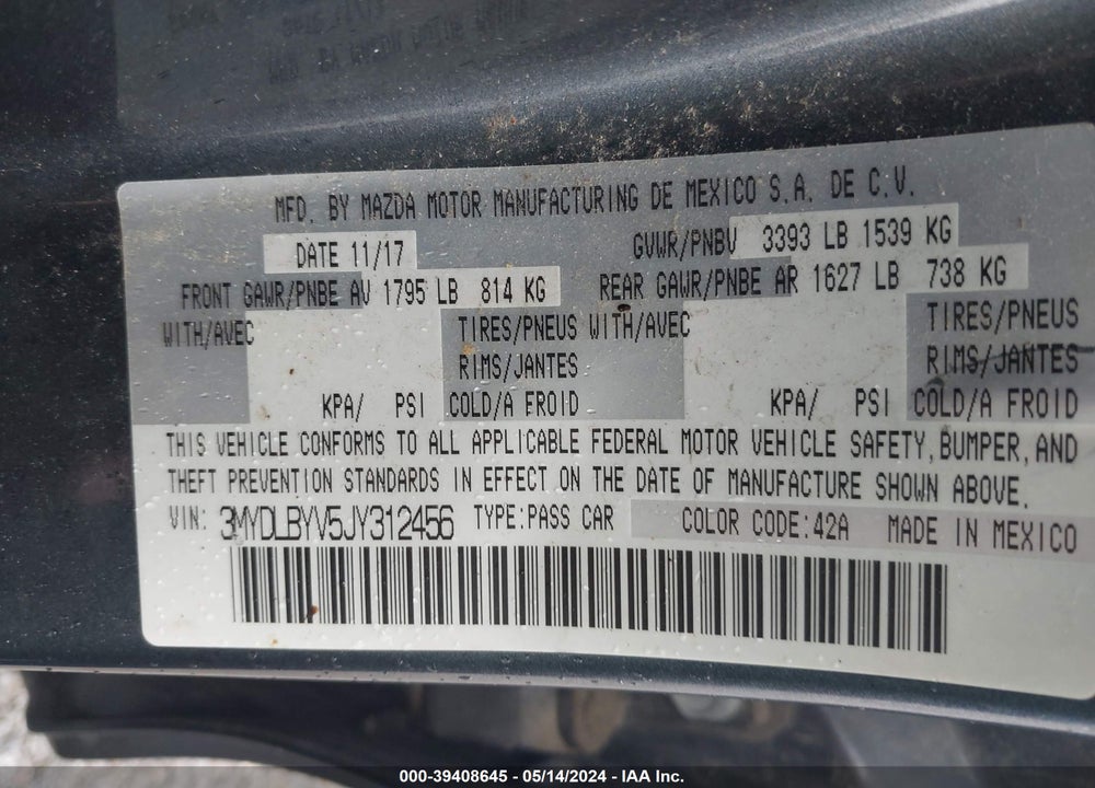 2018 TOYOTA YARIS IA VIN: 3MYDLBYV5JY312456