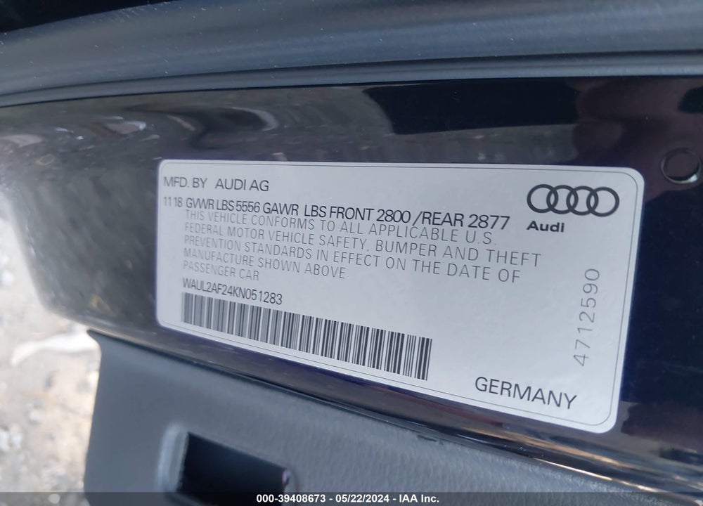 2019 AUDI A6 55 PREMIUM VIN: WAUL2AF24KN051283
