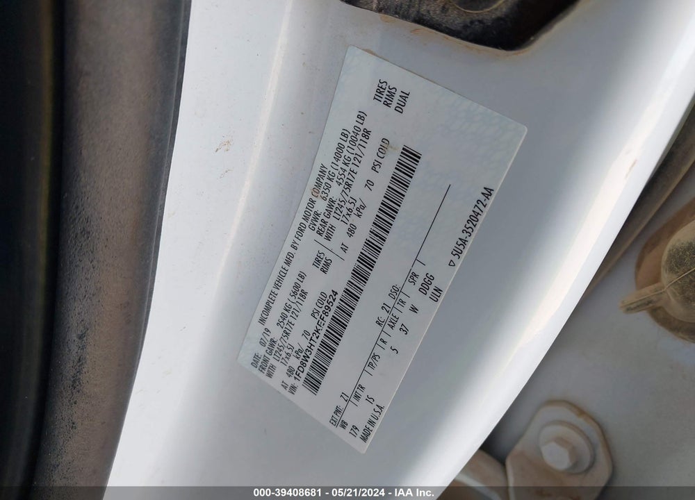 2019 FORD F-350 CHASSIS XL VIN: 1FD8W3HT2KEF89524