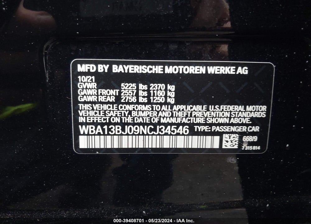 2022 BMW 530 I XDRIVE VIN: WBA13BJ09NCJ34546