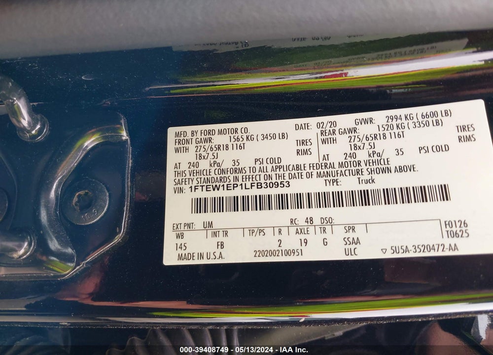 2020 FORD F-150 XLT VIN: 1FTEW1EP1LFB30953