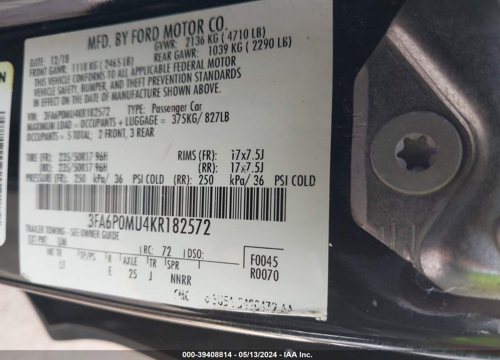 2019 FORD FUSION HYBRID SEL VIN: 3FA6P0MU4KR182572