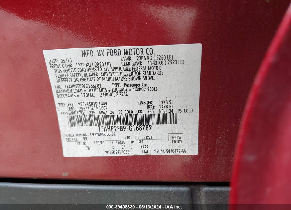 2015 FORD TAURUS LIMITED VIN: 1FAHP2F89FG168782