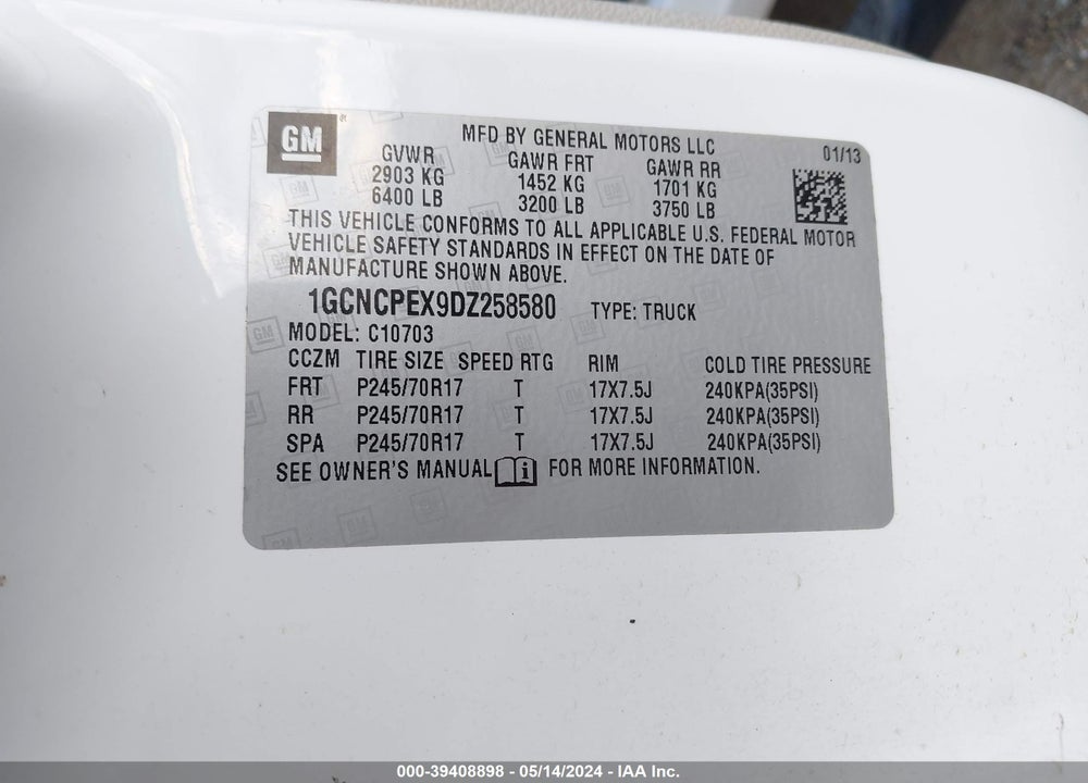 2013 CHEVROLET SILVERADO 1500 WORK TRUCK VIN: 1GCNCPEX9DZ258580