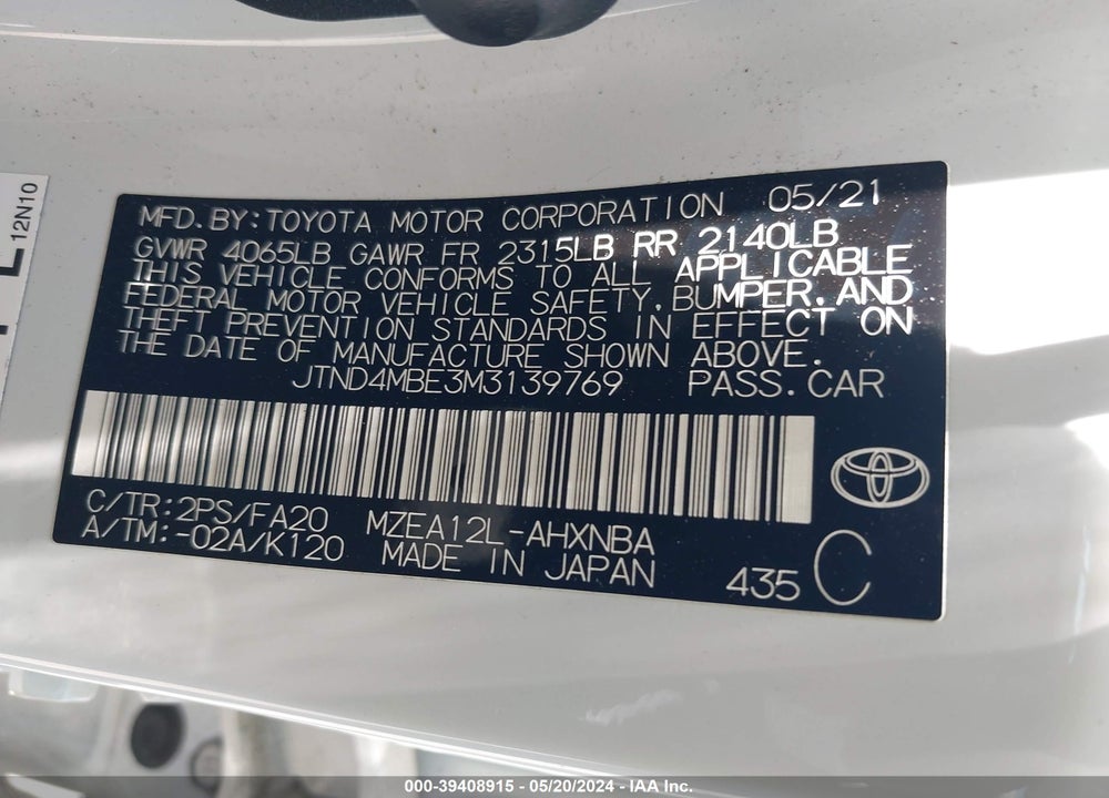2021 TOYOTA COROLLA SE VIN: JTND4MBE3M3139769