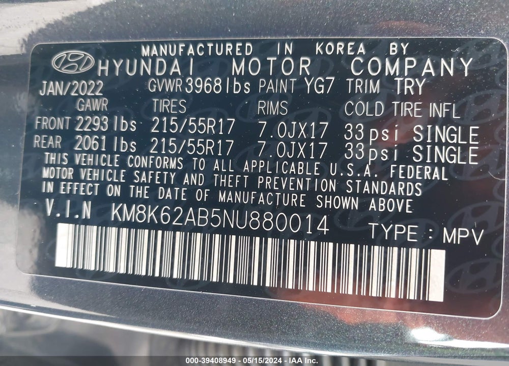 2022 HYUNDAI KONA SEL VIN: KM8K62AB5NU880014