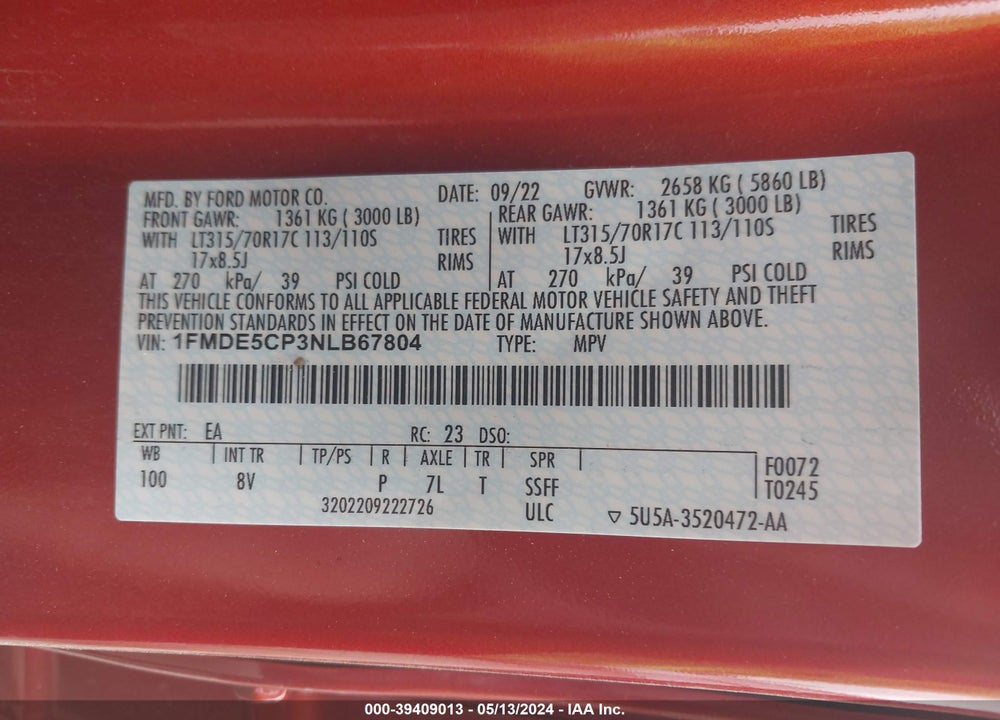 2022 FORD BRONCO BADLANDS VIN: 1FMDE5CP3NLB67804
