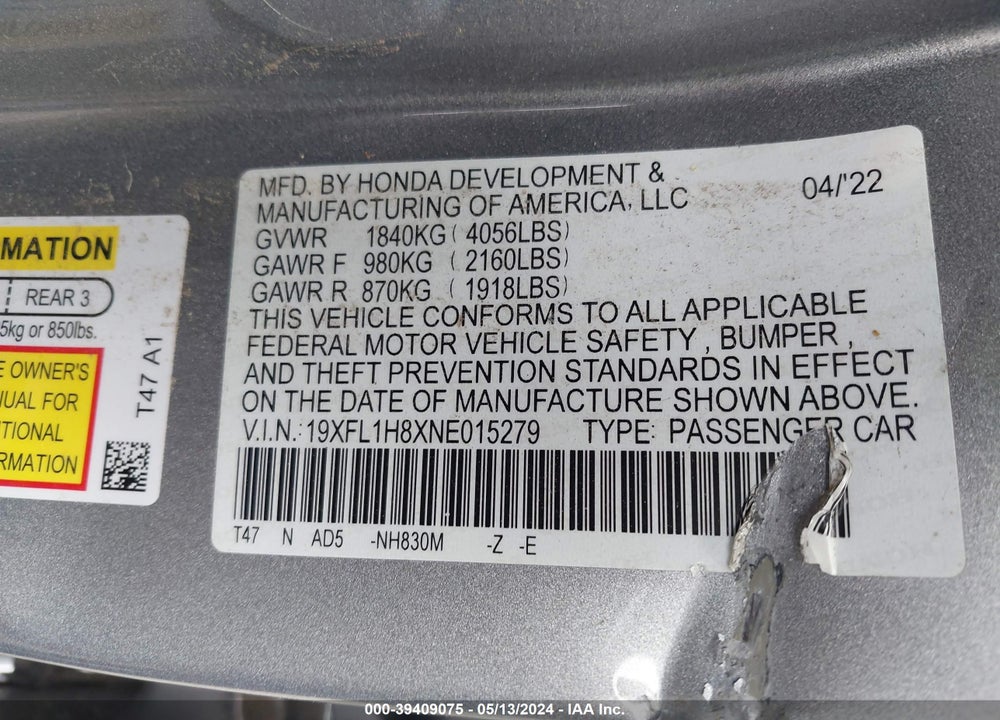 2022 HONDA CIVIC SPORT TOURING VIN: 19XFL1H8XNE015279