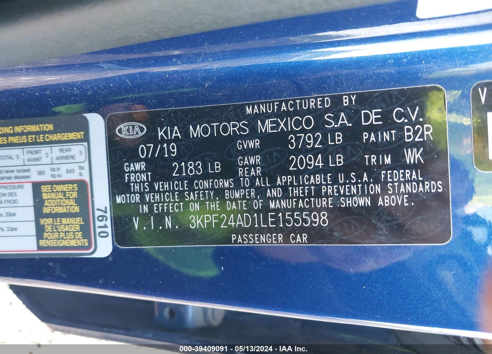 2020 KIA FORTE VIN: 3KPF24AD1LE155598