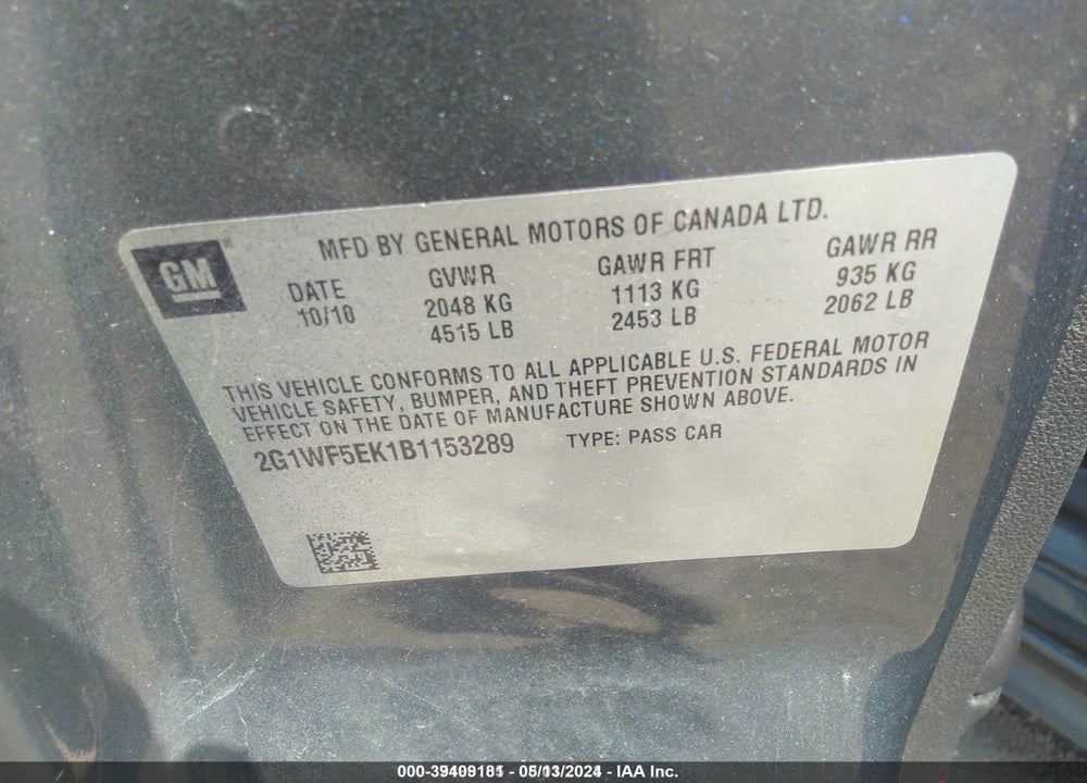 2011 CHEVROLET IMPALA LS VIN: 2G1WF5EK1B1153289