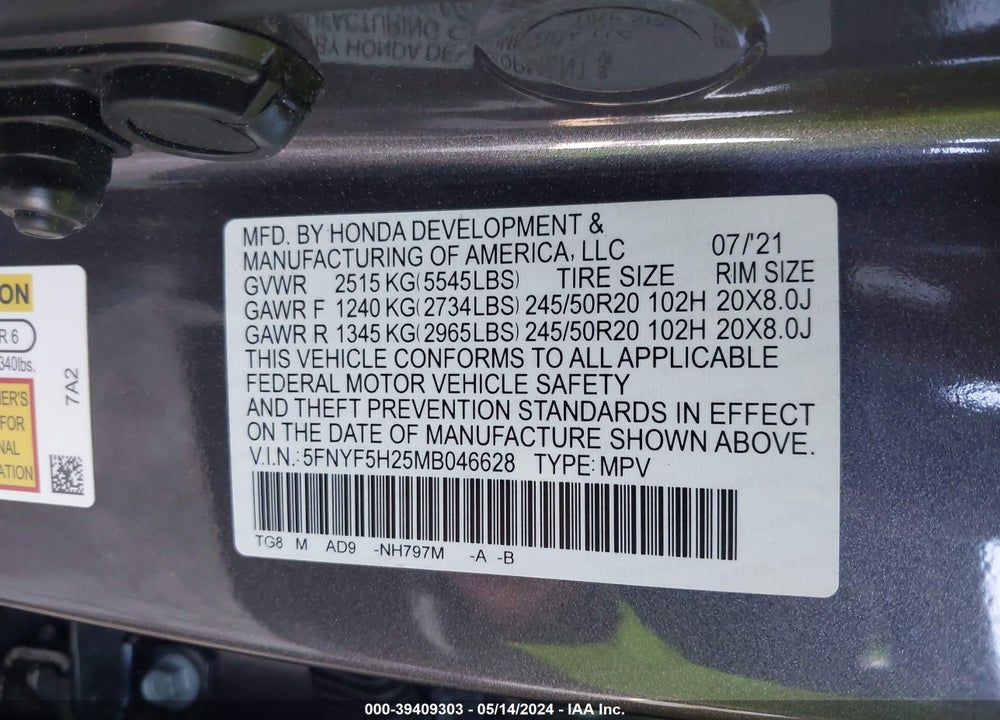 2021 HONDA PILOT 2WD SPECIAL EDITION VIN: 5FNYF5H25MB046628