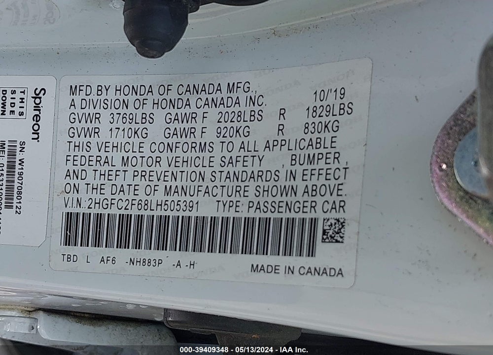 2020 HONDA CIVIC LX VIN: 2HGFC2F68LH505391
