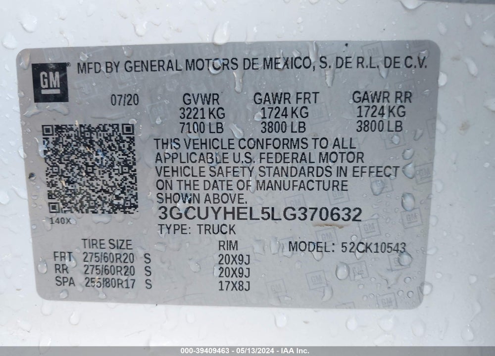 2020 CHEVROLET SILVERADO 1500 4WD SHORT BED HIGH COUNTRY VIN: 3GCUYHEL5LG370632