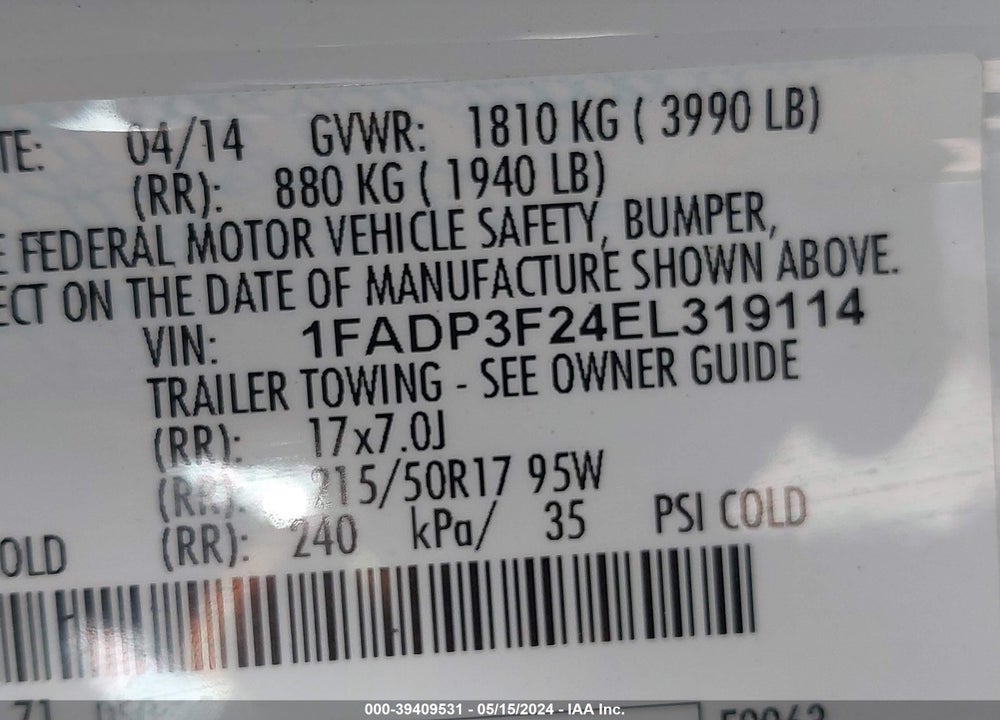 2014 FORD FOCUS VIN: 1FADP3F24EL319114