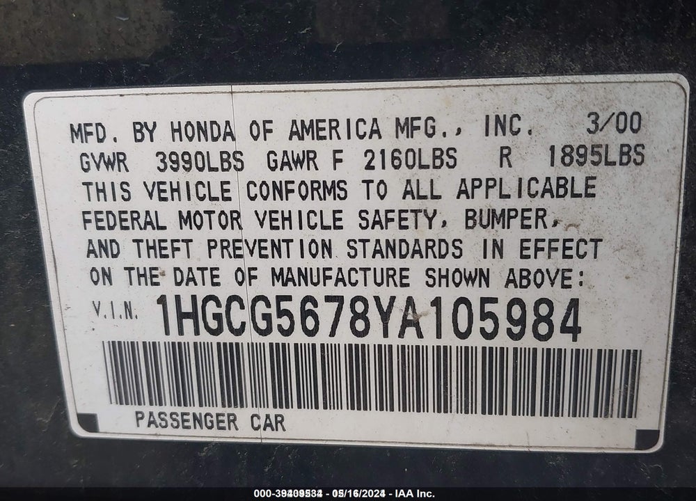 2000 HONDA ACCORD 2.3 SE VIN: 1HGCG5678YA105984