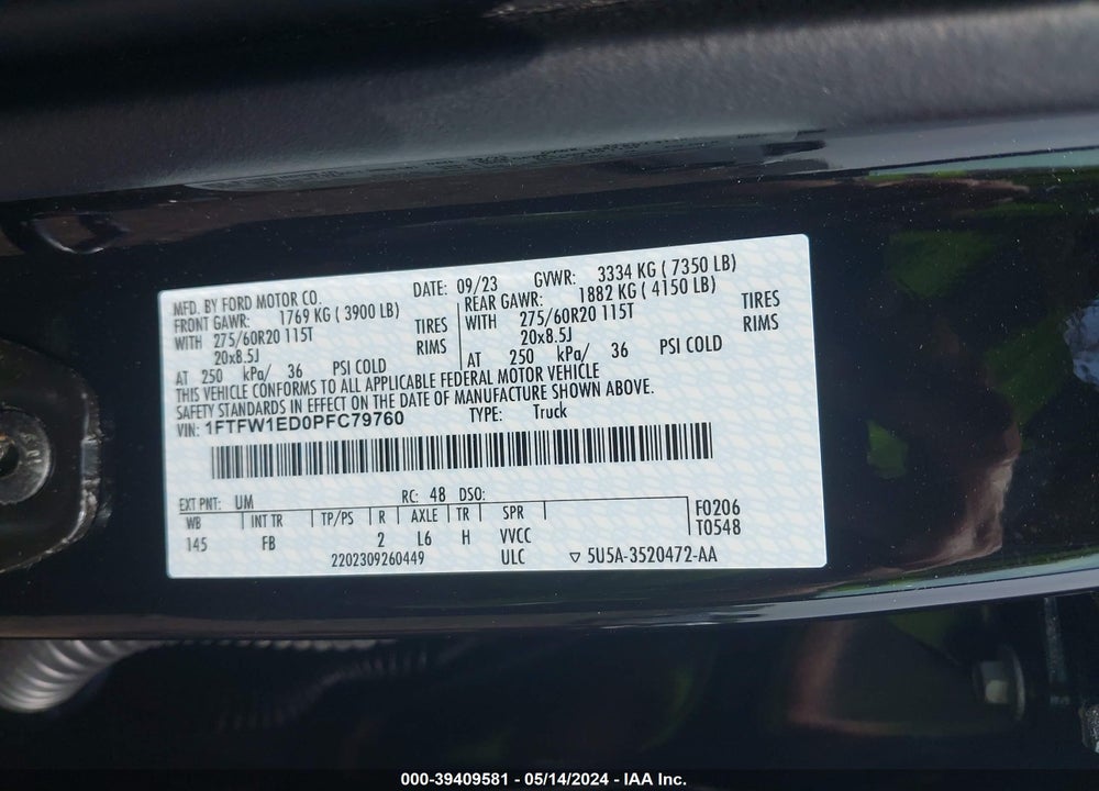 2023 FORD F-150 XLT VIN: 1FTEW1ED6PFC79760