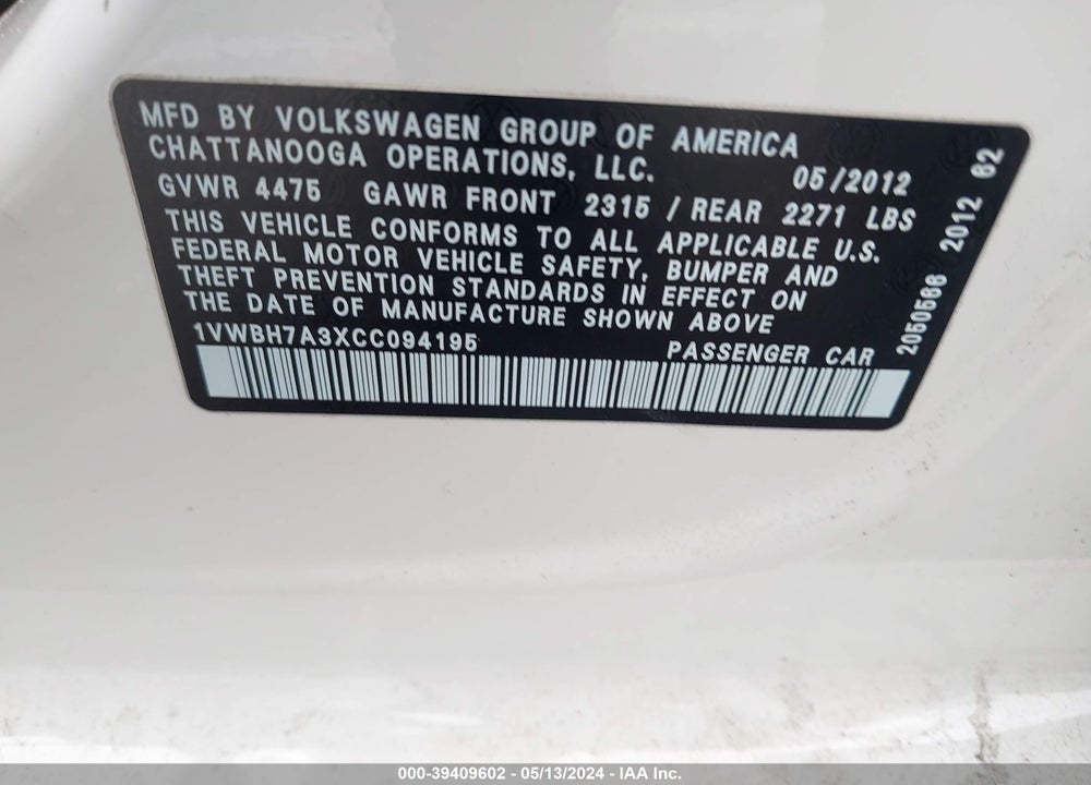 2012 VOLKSWAGEN PASSAT 2.5L SE VIN: 1VWBH7A3XCC094195