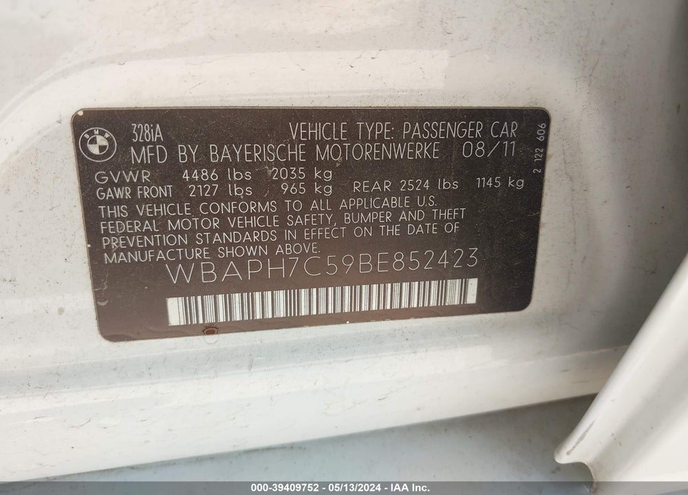 2011 BMW 328I VIN: WBAPH7C59BE852423