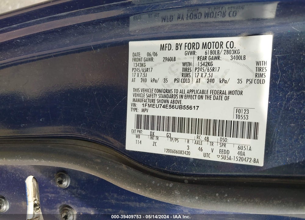 2006 FORD EXPLORER EDDIE BAUER VIN: 1FMEU74E56UB55617