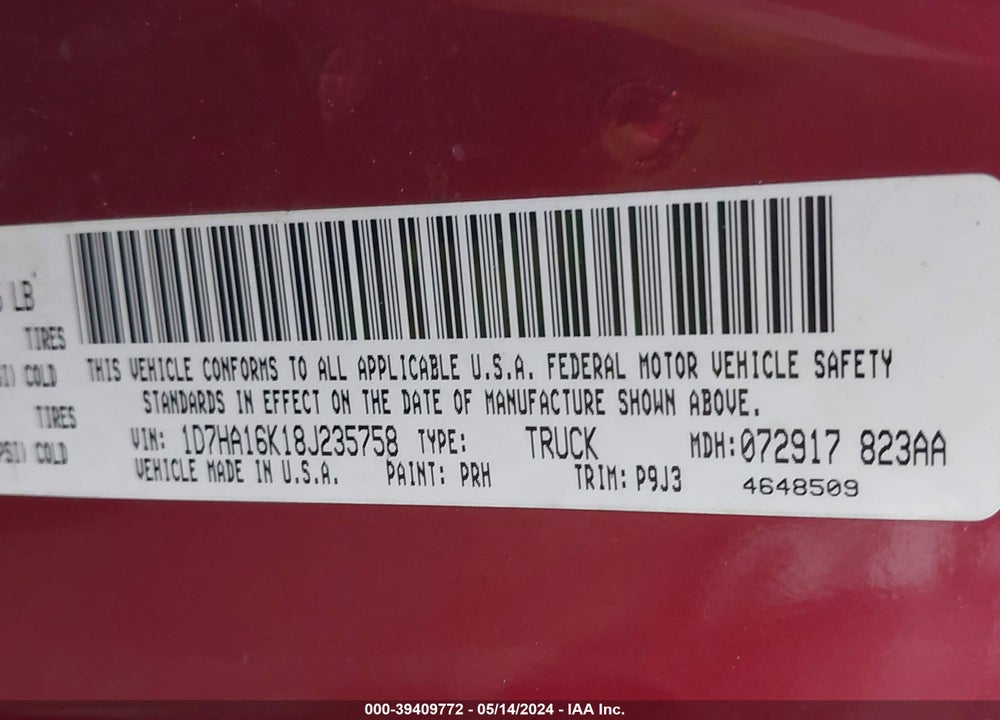 2008 DODGE RAM 1500 ST/SXT VIN: 1D7HA16K18J235758