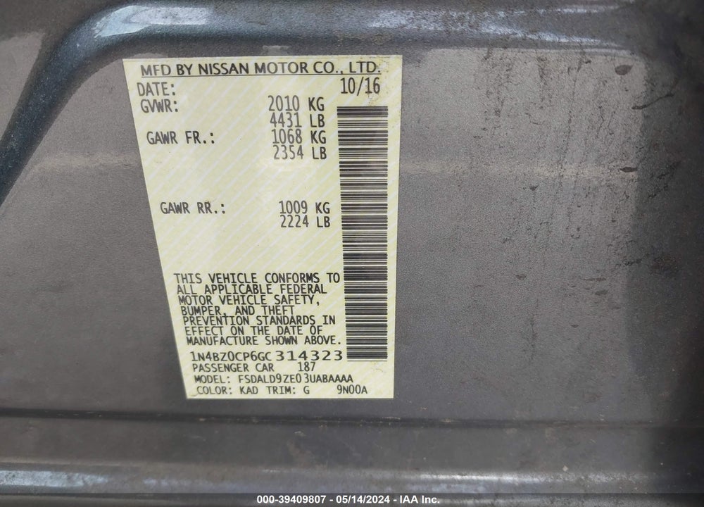 2016 NISSAN LEAF SV VIN: 1N4BZ0CP6GC314323
