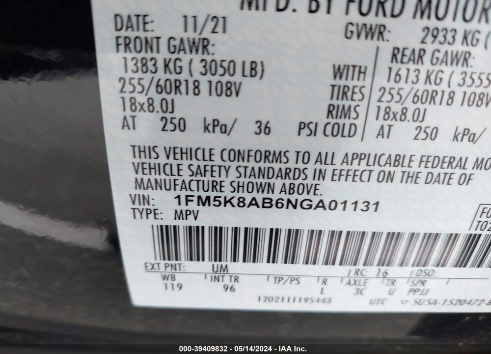2022 FORD POLICE INTERCEPTOR UTILITY VIN: 1FM5K8AB6NGA01131