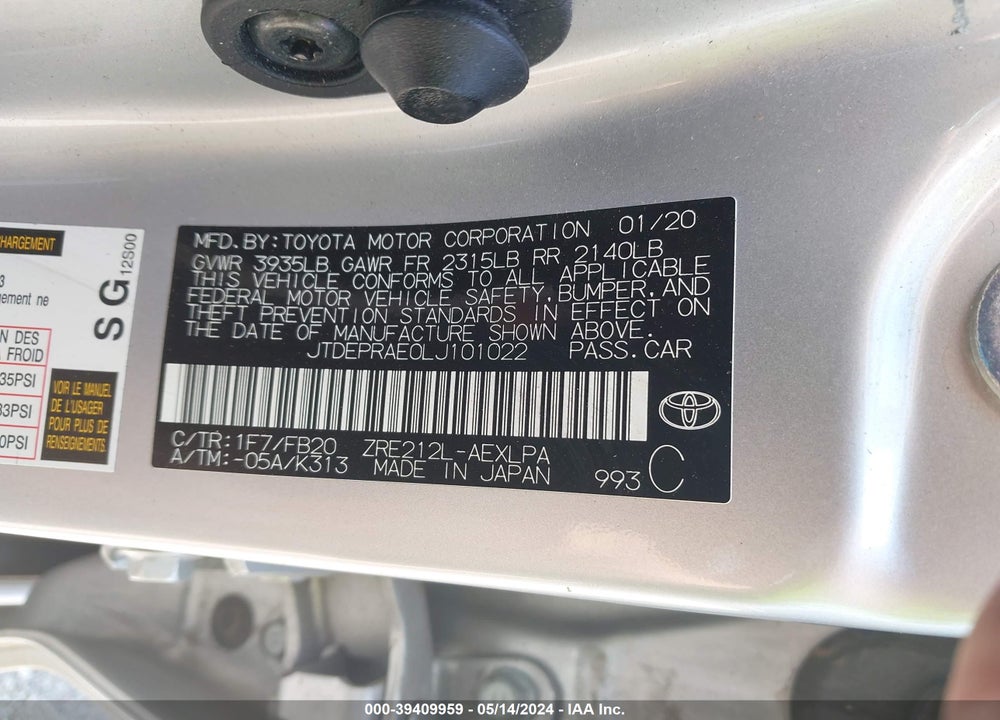 2020 TOYOTA COROLLA LE VIN: JTDEPRAE0LJ101022
