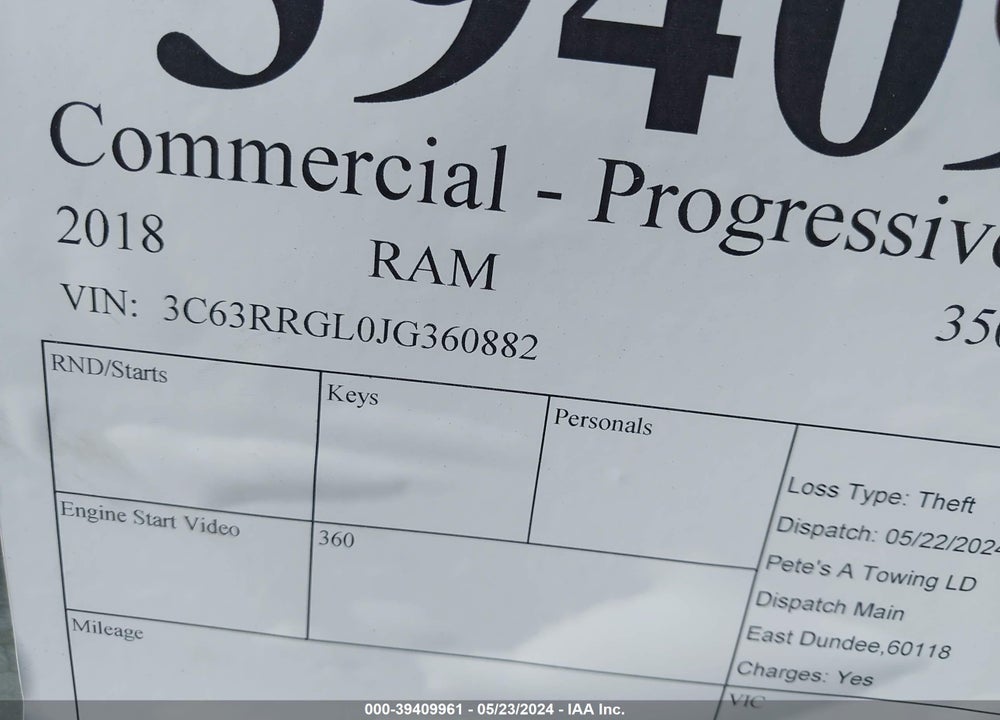 2018 RAM 3500 TRADESMAN  4X4 8' BOX VIN: 3C63RRGL0JG360882