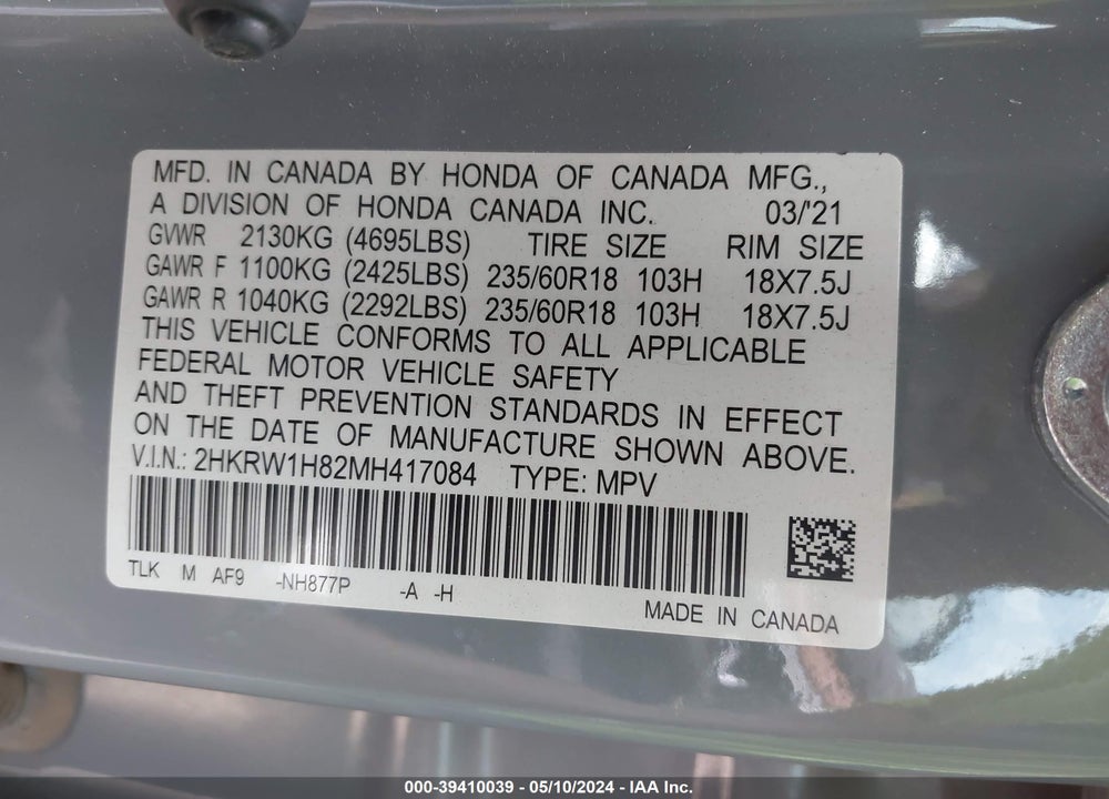 2021 HONDA CR-V 2WD EX-L VIN: 2HKRW1H82MH417084