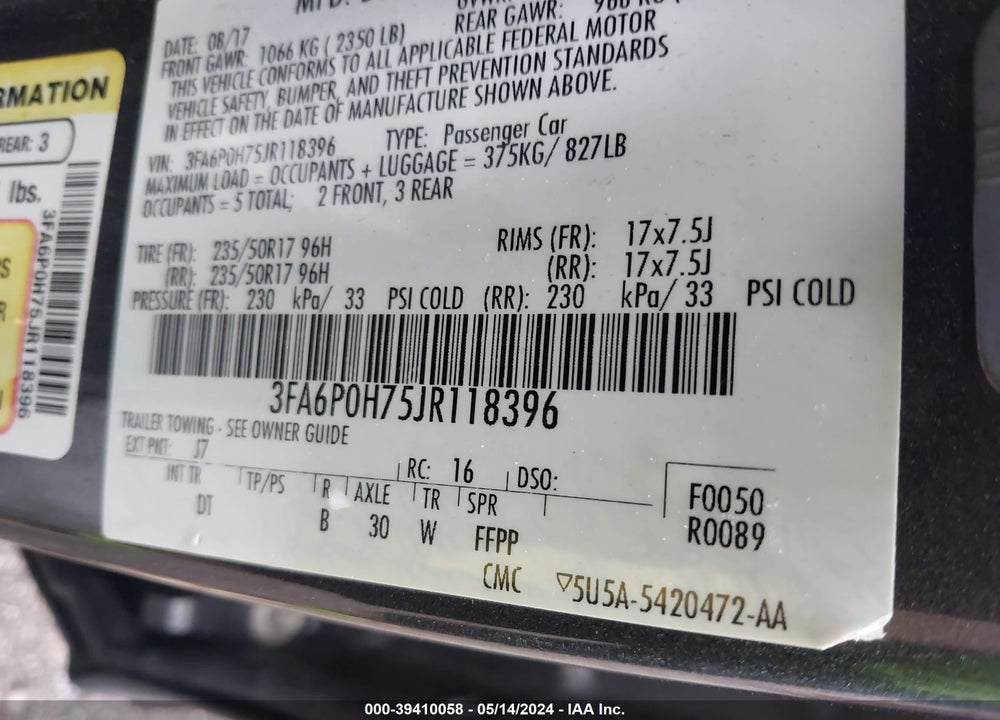 2018 FORD FUSION SE VIN: 3FA6P0H75JR118396
