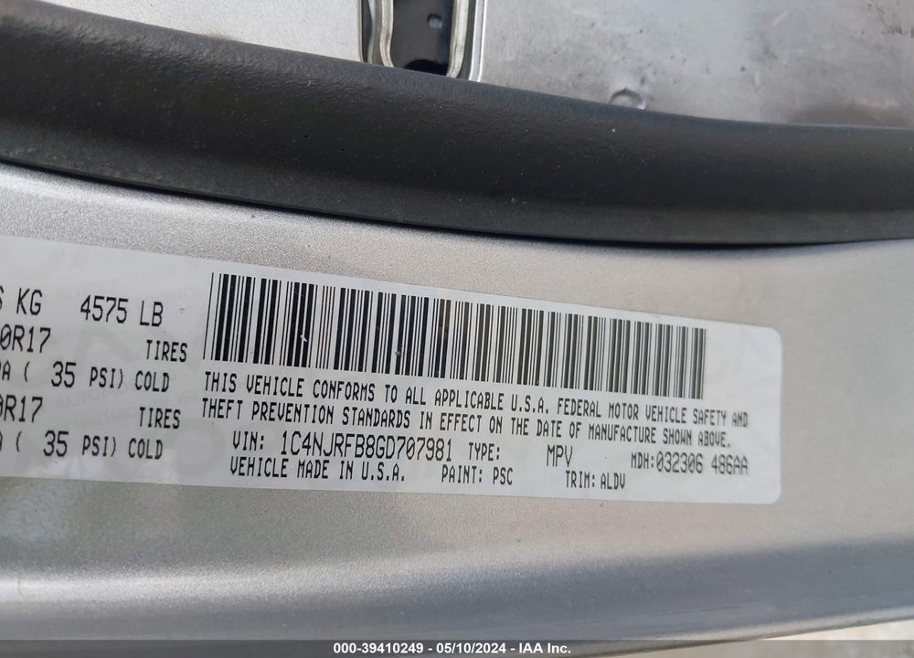 2016 JEEP PATRIOT HIGH ALTITUDE EDITION VIN: 1C4NJRFB8GD707981