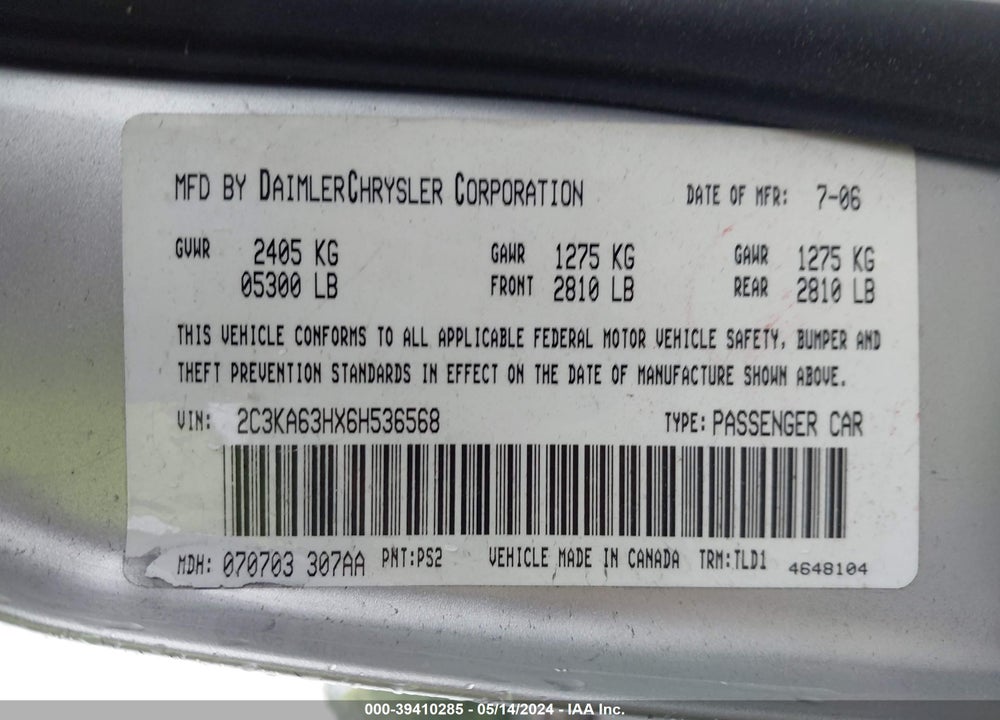 2006 CHRYSLER 300C VIN: 2C3KA63HX6H536568