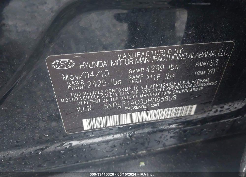 2011 HYUNDAI SONATA VIN: 5NPEB4AC0BH065808