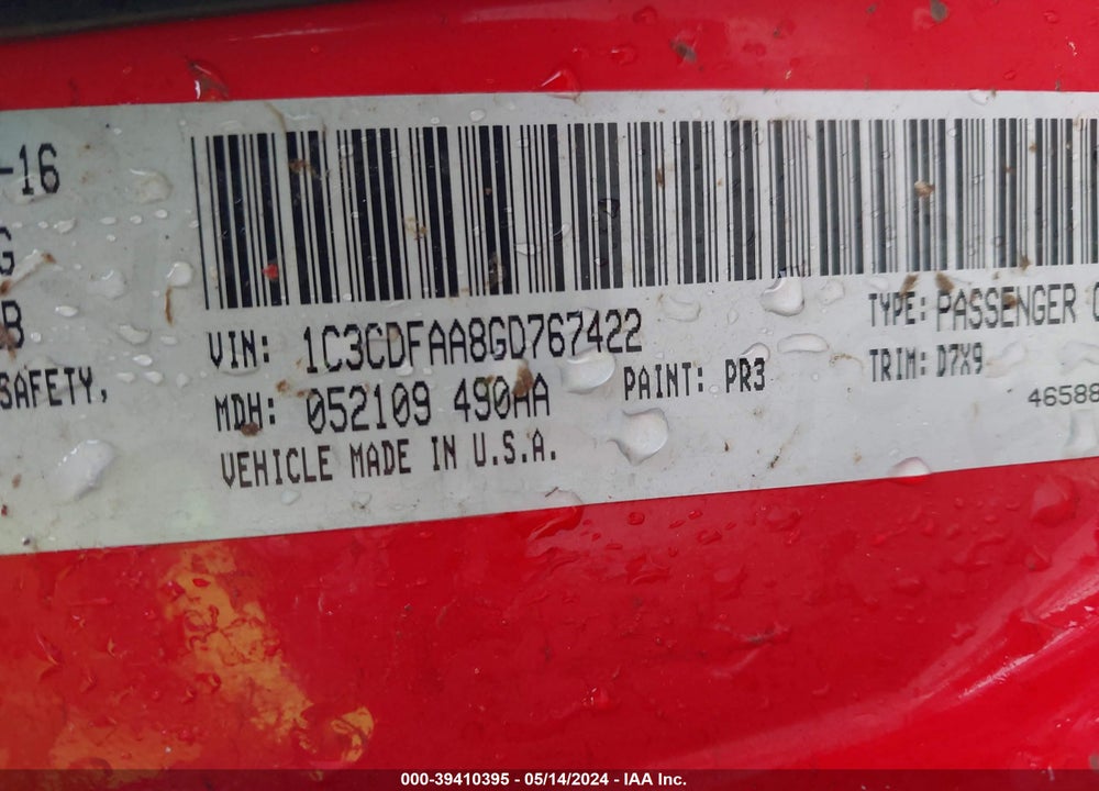 2016 DODGE DART SE VIN: 1C3CDFAA8GD767422
