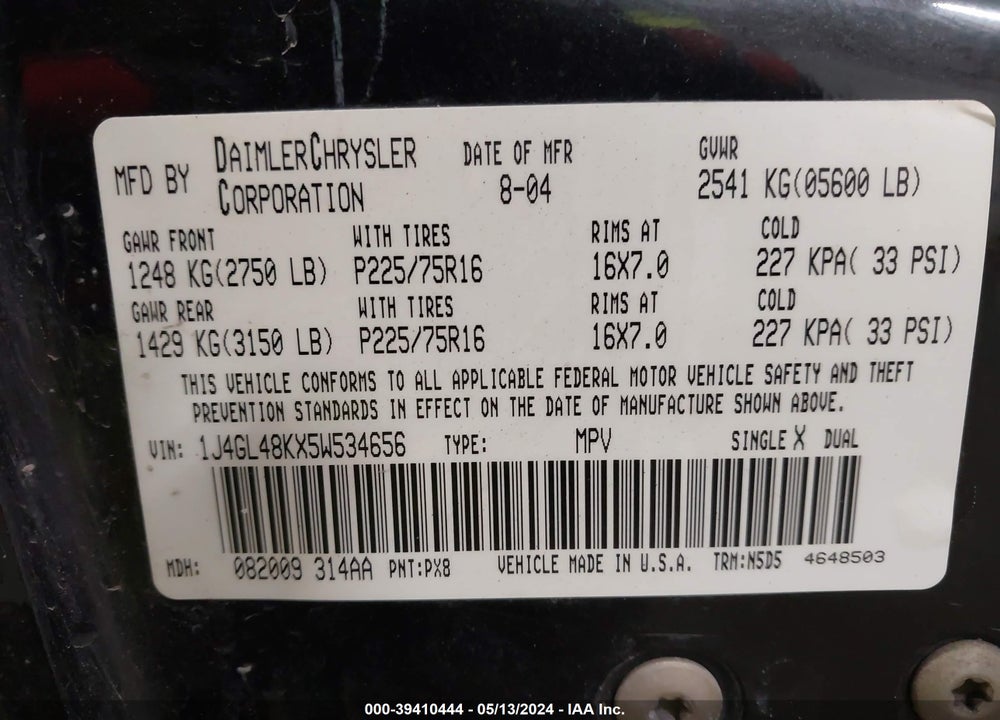 2005 JEEP LIBERTY VIN: 1J4GL48KX5W534656