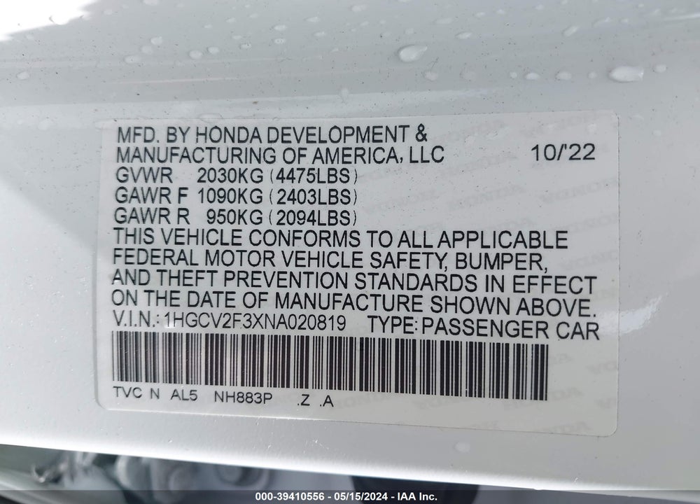 2022 HONDA ACCORD SPORT 2.0T VIN: 1HGCV2F3XNA020819