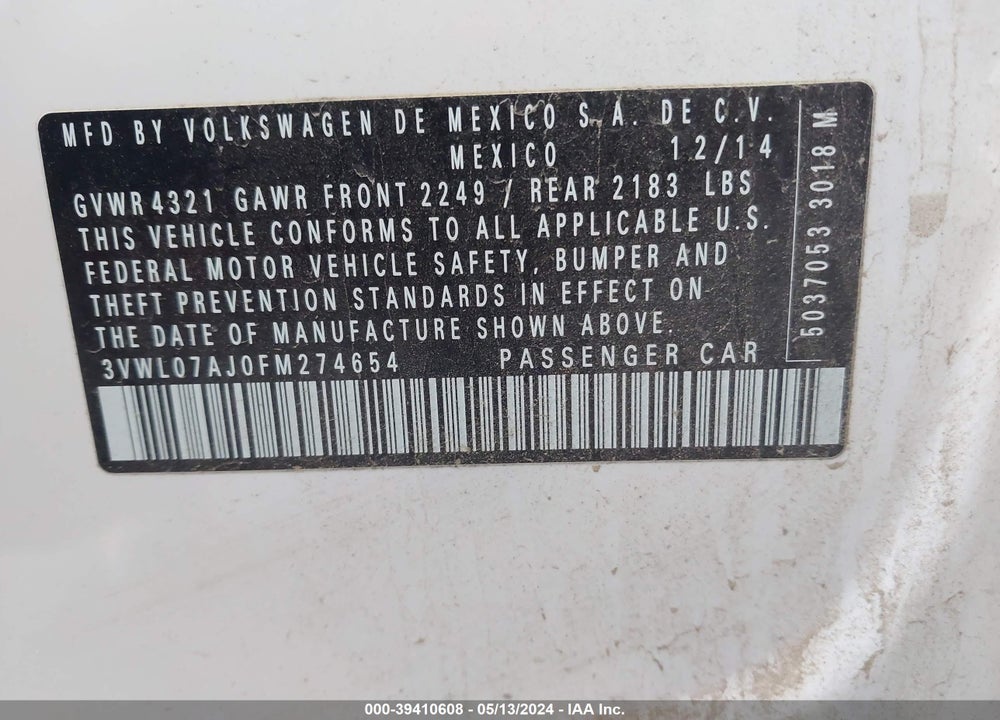 2015 VOLKSWAGEN JETTA 1.8T SEL VIN: 3VWL07AJ0FM274654