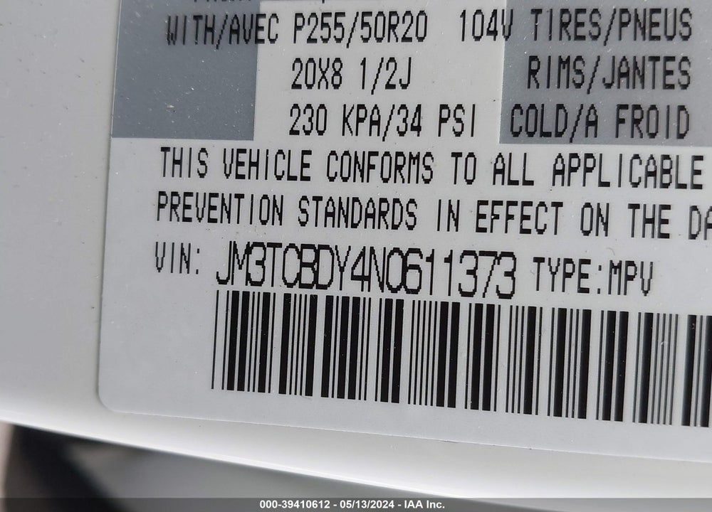 2022 MAZDA CX-9 GRAND TOURING VIN: JM3TCBDY4N0611373