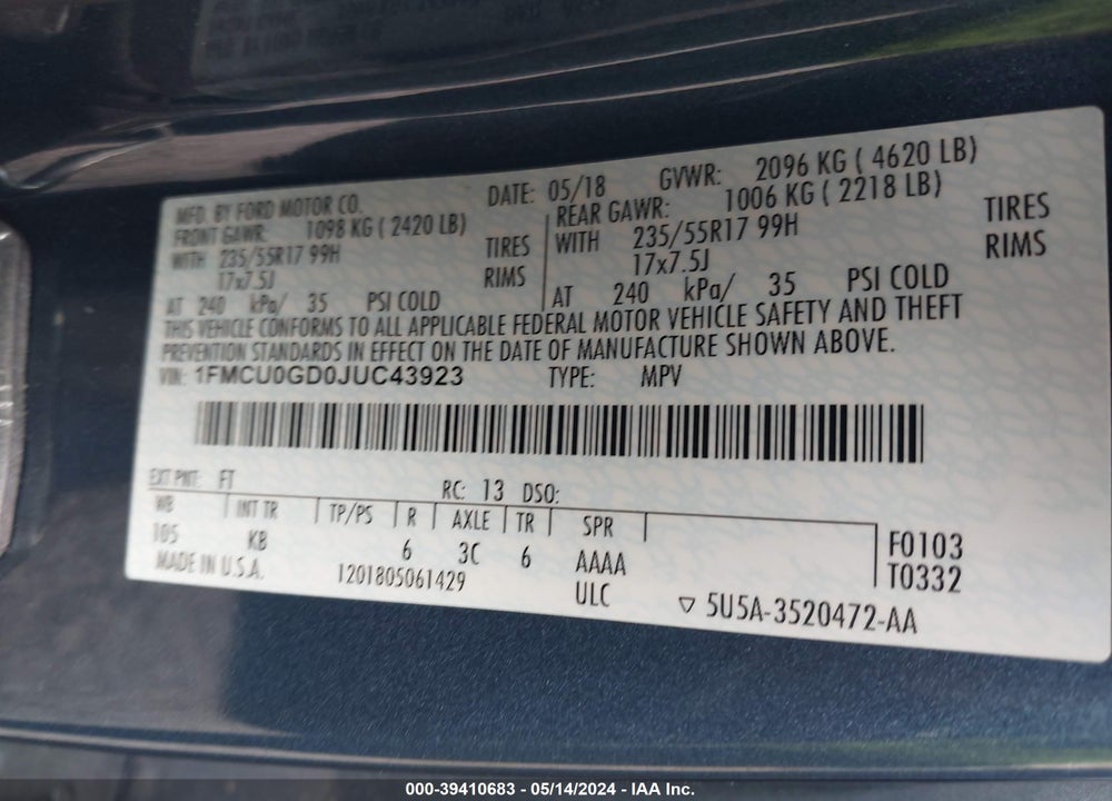 2018 FORD ESCAPE SE VIN: 1FMCU0GD0JUC43923