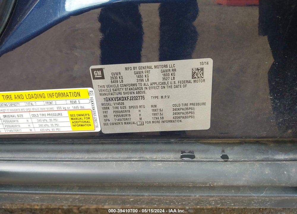 2015 GMC ACADIA SLT-2 VIN: 1GKKVSKDXFJ202776