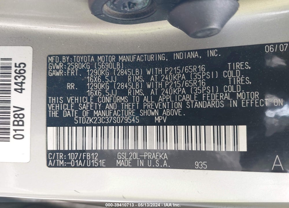 2007 TOYOTA SIENNA CE/LE VIN: 5TDZK23C37S079545