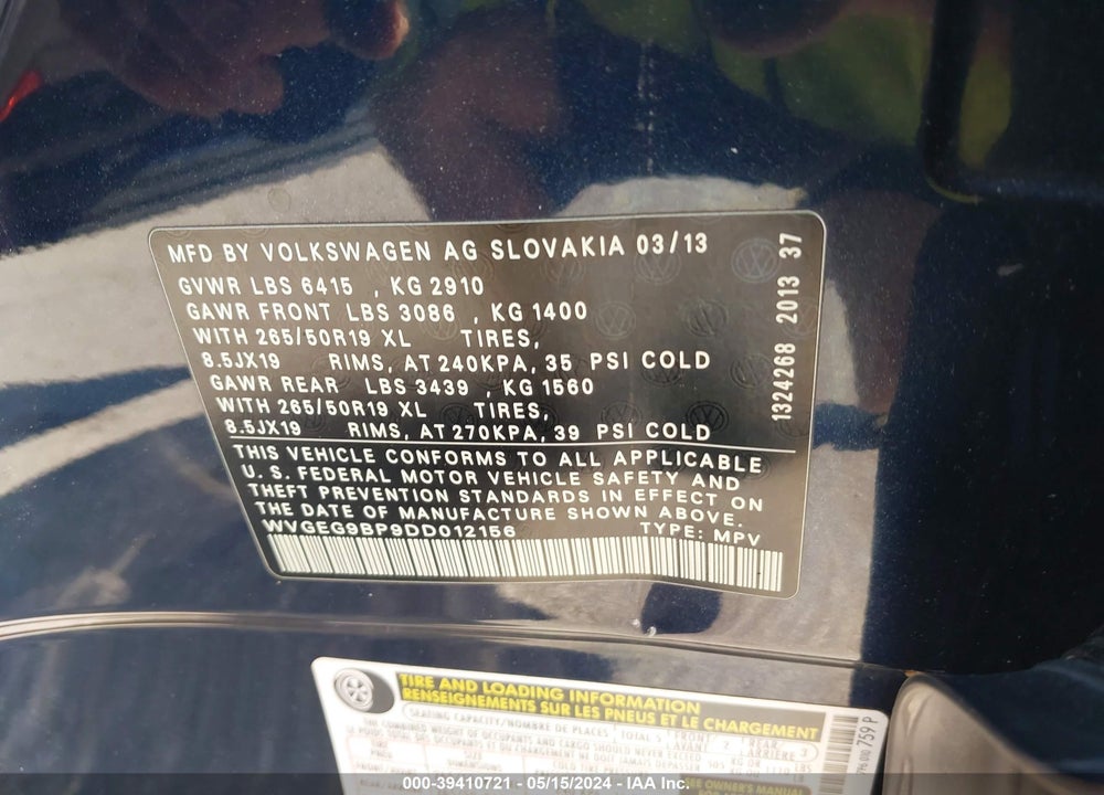 2013 VOLKSWAGEN TOUAREG HYBRID VIN: WVGEG9BP9DD012156
