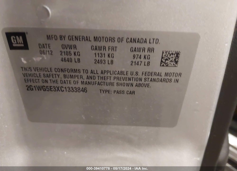 2012 CHEVROLET IMPALA LT VIN: 2G1WG5E3XC1333846